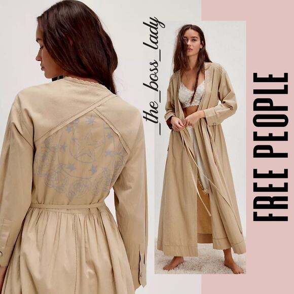 Free People duster long coat maxi robe pleated wrap lace trim cotton floral - Picture 1 of 11
